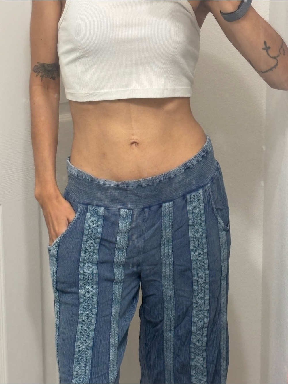 Studio Wear Blue Crinkle Boho Wide Leg Pants With Crochet Detail